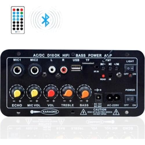 AC 220V 12v 24v Digital Bluetooth Stereo Amplifier Board Subwoofer Dual Microphone Karaoke Amplifiers For 8-12 Inch Speaker