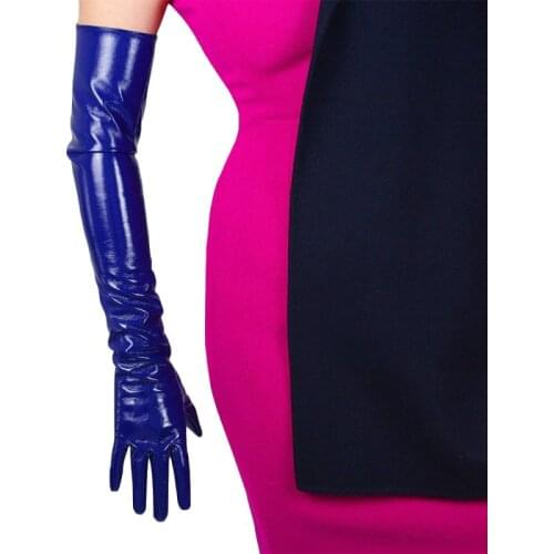 Patent Leather Long Gloves Long Simulation Leather PU Leather Gloves Mirror Bright Leather Bright Dark Blue 60cm TBBL07