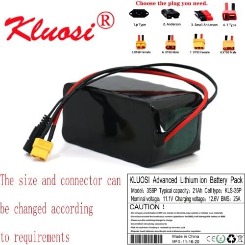 KLUOSI 3S6P 12V 21Ah 10.8V 20Ah 12.6V Lithium Battery Pack 250Watt High Power for Motor Scooter Light Etc with 25A BMS XT60