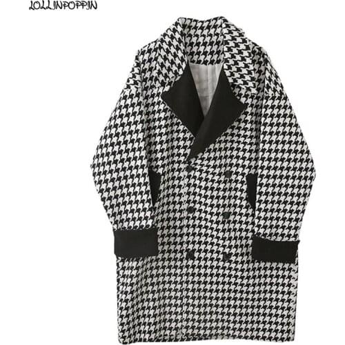 Men Houndstooth Pattern Woollen Jacket Long Style Notched Lapel 2021 Winter Double Breasted Loose Trench Coat