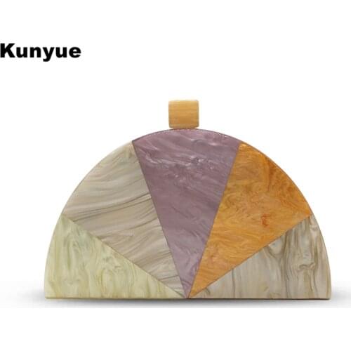 New Women Messenger Bag Luxury Geometric Patchwork Acrylic Evening Bag Multi Semi-Circle Clutch Purse Lady Half Moon Handbag Box