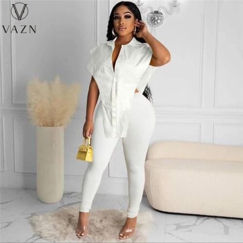 VAZN 2021 New Asymmetrical Sexy Solid Open High Street Young Tank Sleeve Top Long Pants 2 Piece Set Slim For Women