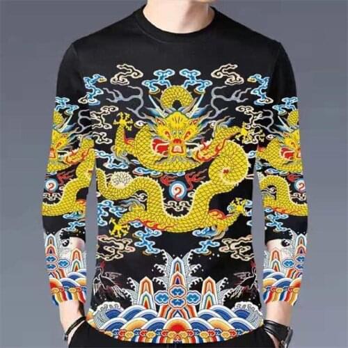 2021 new mens new Chinese style 3D Chinese dragon T-shirt casual loose plus round neck gold dragon print bottoming shirt
