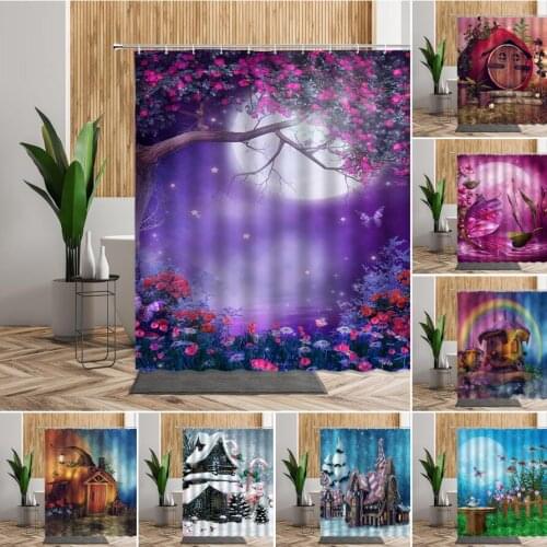 Flower Butterfly Shower Curtain Snow House Beautiful Purple Bathroom Bath Screen Child Cartoon Fantasy Home Curtains Decorations