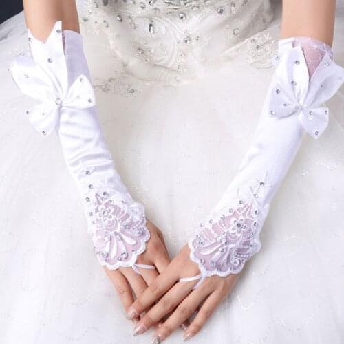 Hook finger floret bow tie diamond gloves bride wedding wedding dress hand sleeves long satin lace stick diamond gloves