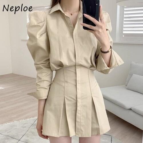 Neploe Turn Down Collar Long Sleeve Dress Women High Waist Hip A Line Draped Vestidos Spring 2021 New Solid Robe Slim
