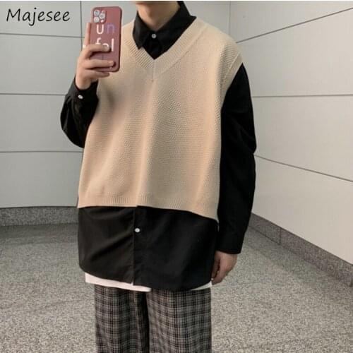 Casual Sweater Vests Men Fashion Cropped Baggy Chic Designer Knitwear Male Young Solid Classic Basic Jumpers V-neck Teens Preppy