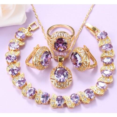 African Women Wedding Gold Color Big Jewelry Sets Purple Crystal Clip Earrings And Necklace Charm Bracelet And Ring 7-Color Sets