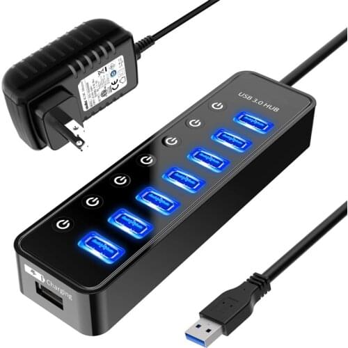 Powered USB Hub 3.0 Splitter Cable 4 7 Port With One Smart Charging Interface Individual On/Off For MacBook Mac Pro Mini More
