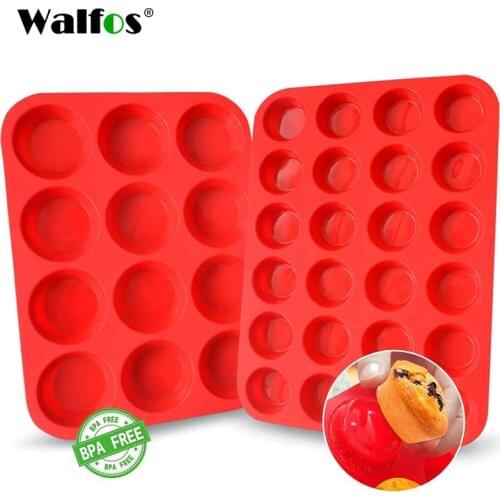 WALFOS 100% Food Grade 12 Cup Silicone Muffin Pan &Cupcake Baking Pan Non-Stick Silicone Cake Mold Round Mini Muffin Pan Form