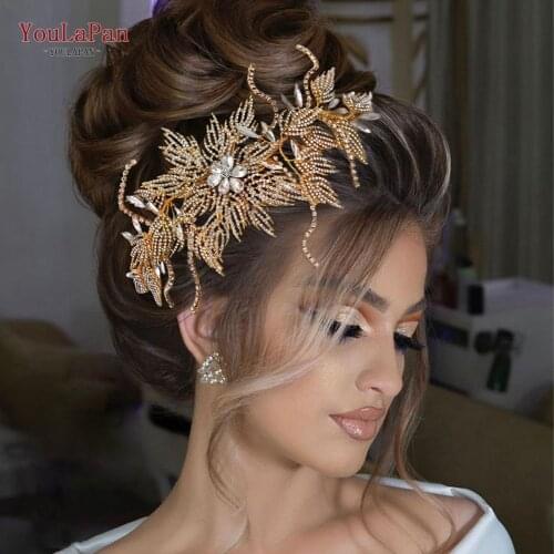 YouLaPan HP380 Rhinestone Hair Accessories Bling Headband Hollow Leaf Gold Bridal Headwear Wedding Banquet Diamond Headpiece