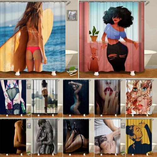 African American Shower Curtains 3D Beach Sexy Girls Bathroom Curtain Waterproof Polyeste Fabric Bathtub Decor with 12 Hooks