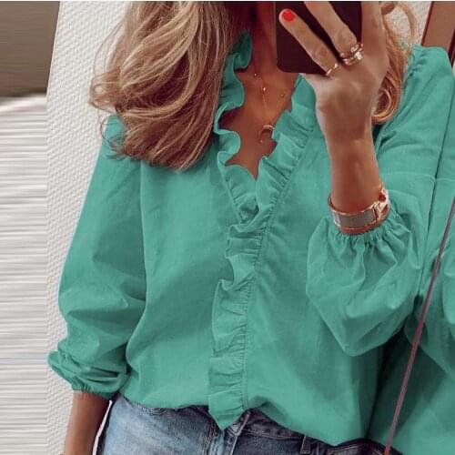 Blouse Shirts Office Lady 2020 Spring Summer Print long Sleeve Ruffle Women Blouses Sexy V-neck Long Sleeve pullover Tops