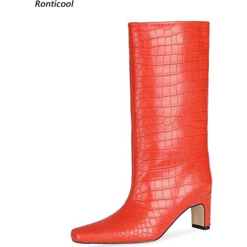 Ronticool New Handmade Women Winter Mid Calf Boots Croc Pattern Slip On Block Heel Square Toe Red Party Shoes Plus US Size 5-13