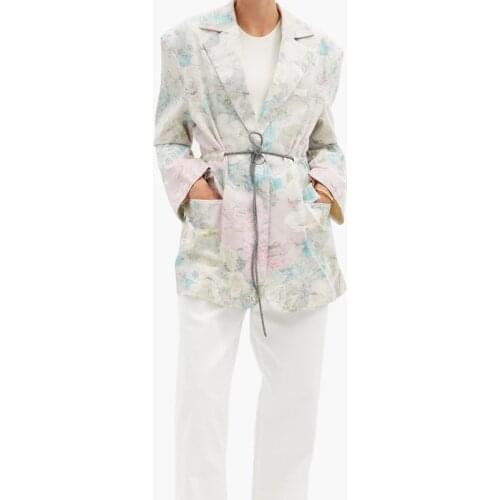 Custom End 11.7 High Fashion Temperament Flower Print Cotton Blazer Coat Women Casual Heavy Industry Collect Waist Outerwear