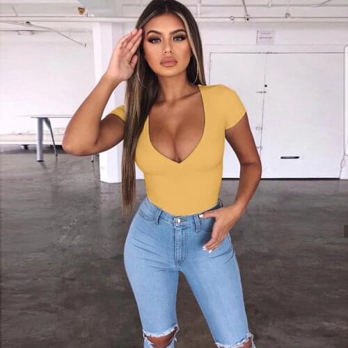 Streetwear Women Top Solid Color 2021 Summer Fashion Short Sleeve Low-cut T-shirts Sexy Deep U-neck Tops Blusas Mujer De Moda