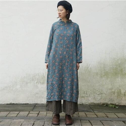 Johnature 2021 Spring Vintage Original Cheongsam Floral Print Stand Collar Loose Dresses New Plate Buckle Chinese Women Dresses