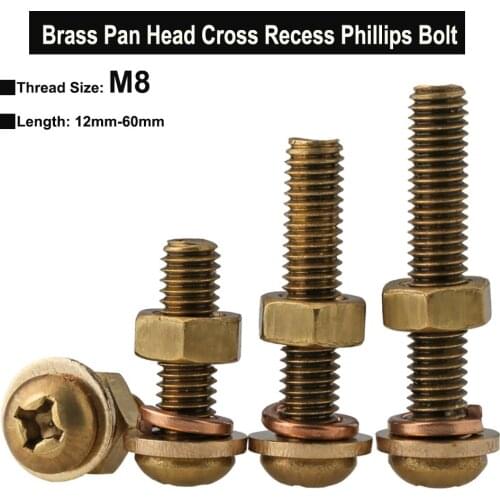 2PcsM8 Length12mm-60mm Brass Pan Head Cross Recess Phillips Bolt Three Combination Screw with Plain Washer Spring Washer and Nut