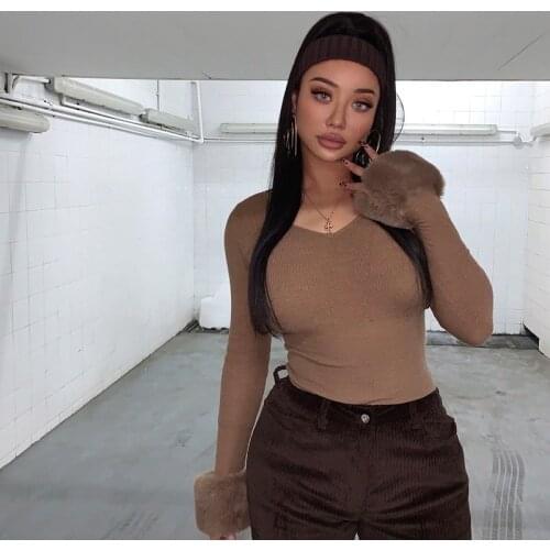 3 Colors Hot Girl Super Desire V-Neck Furry Cuffs Super Waist Wool Blend Knit Sweater Bottoming Top