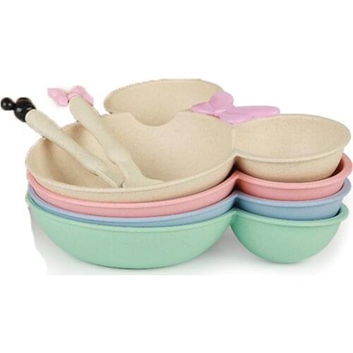 3pcs Wheat Straw Baby Cartoon Tableware Set Childrens Dishes Kids Dinner Platos Baby Feeding Plate Training Bowl Spoon Fork set