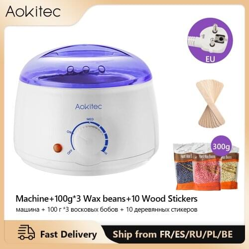 Aokitec Hair Removal Wax-melt Machine Heater Wax Beans 10Wood Stickers Hair Removal Machine Waxing Kit Calentador de cera EUplug