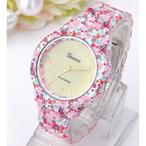 NEW Metal Head Printed Geneva Flowers Watch Women Print Plastic Band Vintage Ladies analog quartz wristwatch Reloj Mujer
