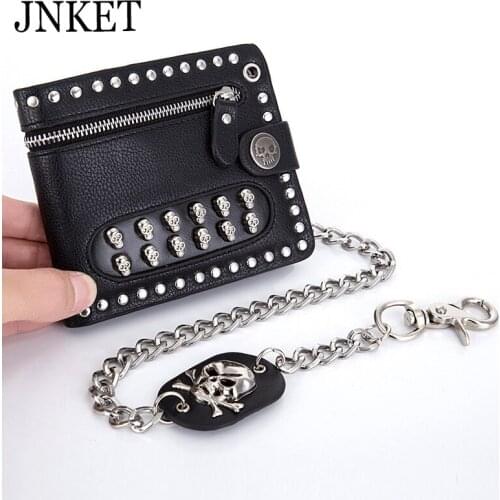 JNKET Retro Skull Rivets Men‘s PU Leather Wallet Punk Zipper Clutch Wallet Money Clip Folded Purse Detachable Alloy Chain