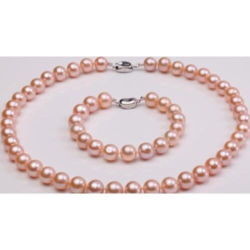 9-10mm white pink mix Freshwater pearl necklace bracelet earring set 925silver