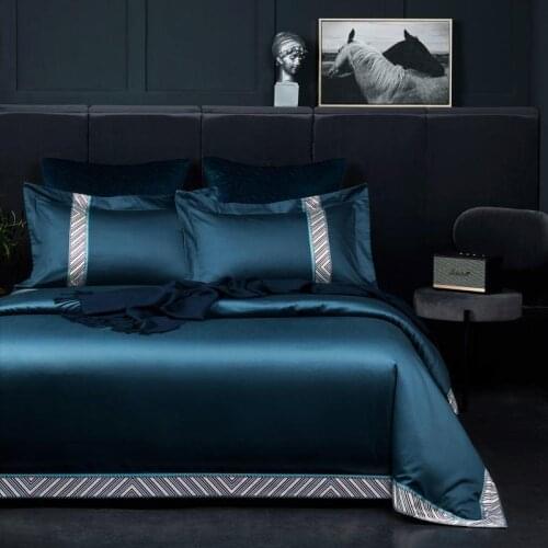 New luxury supima cotton High quality Bedspread Splicing Bedding sets pure Colour Quilt Bed duvet cover flat sheet 4 pcs blue