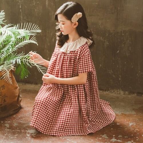 Summer Girls One- piece Sweet Plaid Cotton Dresses 6 8 10 12 years Big Girls Loose Thin Soft Clothes