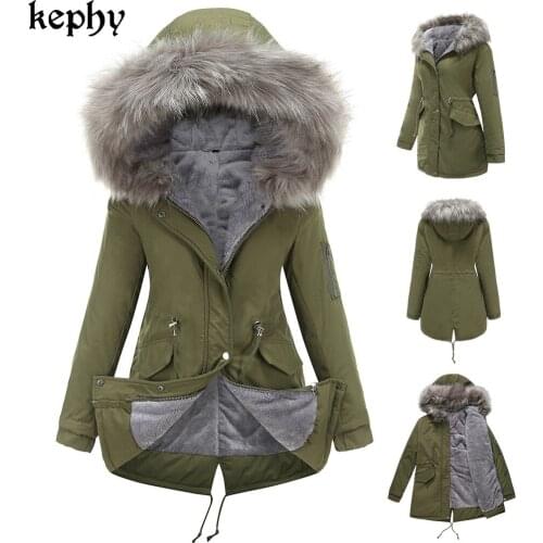 Fur hat thickened womens cotton padded clothes medium length Hooded Winter Warm plus size coat winter clothes for women