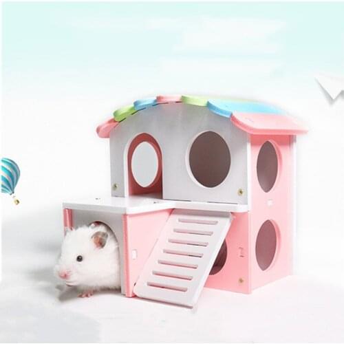 Cute Hamster Wooden Double-decker House Squirrel Guinea Pig Luxury Color Roof Villa Pet Shelter Nest Small Animal Toys Supplies