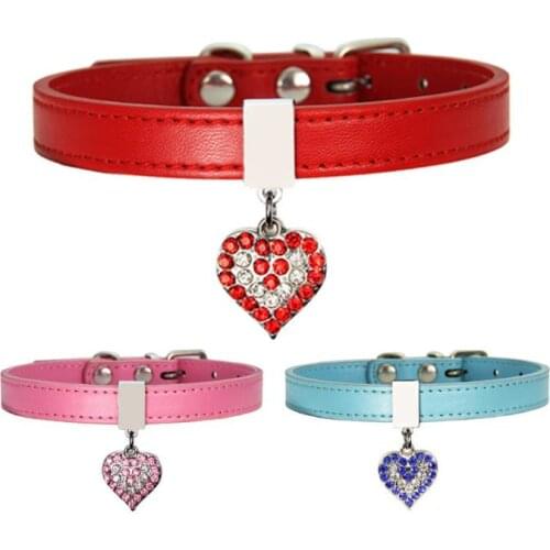 Pet Dog Collar With Diamond Heart Bell Fashion PU Leather Pet Dog Cat Collars Small Dog Neck Adjustable Strap SN73