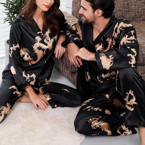 2Pcs Unisex Pajamas Set Dragon Print Imitation Silk Homewear Long Sleeve Shirts Pants Set Couple Sleepwear pijama mujer invierno