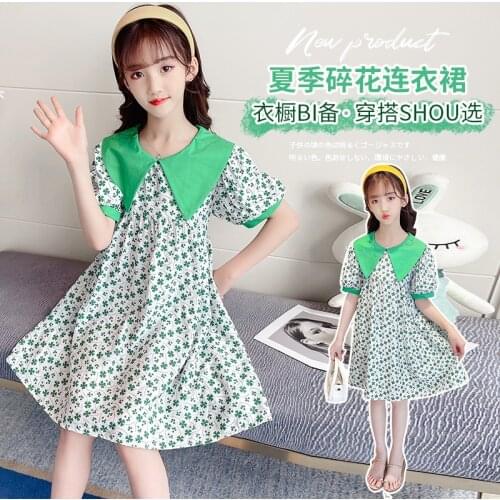 Girls floral cotton and linen dress new summer children foreign online celebrity Zhongda childrens princess dress wear