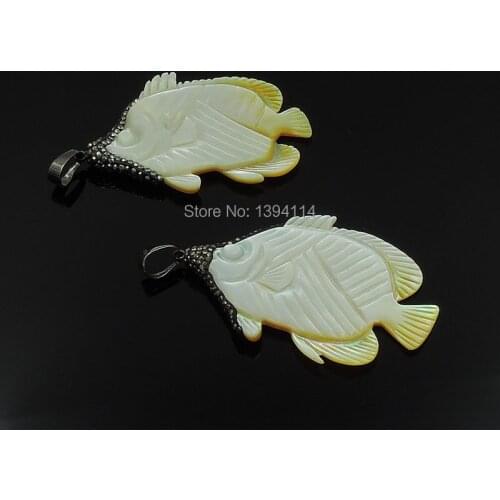 Natural Shell Pave CZ Fish Shape Pendants Black Gun Plated, CZ Paved On The Top Approx 48*37*2mm