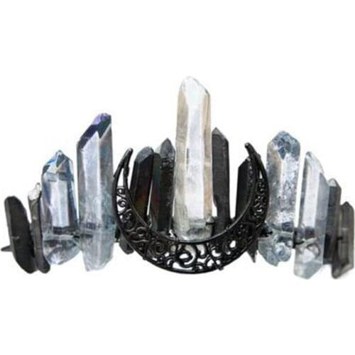 Handmade Faux Raw Crystal Headband Contrast Color Quartz Black Moon Bridal Tiara Crown Halloween Angel Aura Hair Hoop