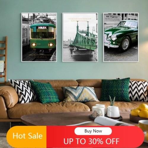 WTQ Nordic Vintage Green Train Bridge Wall Art Canvas Paintings Industrial Style Posters Prints Pictures Living RoomDecoration