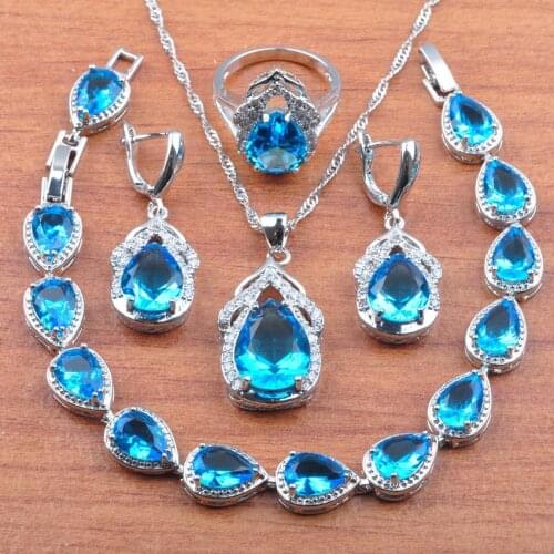 Wedding Jewellry Sky Blue Zirconia Jewelry Set For Women Russian Style Earrings Necklace Pendant Rings Bracelet JS307