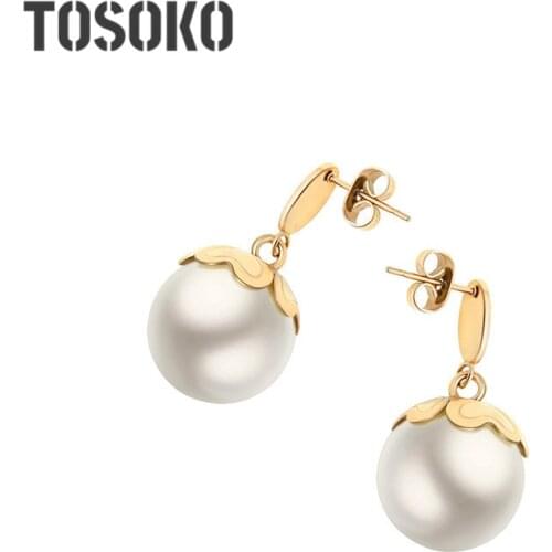 TOSOKO Stainless Steel Jewelry Imitation Pearl Earrings Petals Christmas Earrings womens Drop Earrings BSF024