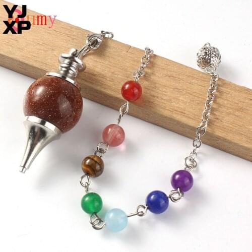 YJXP 7 Chakra Dowsing Pendulums Link Chain Beads Reiki Healing Spiritual Natural Gold Sand Stone Pendant Wicca Charms Jewelry