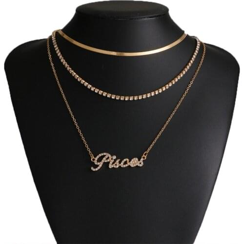 VKME Vintage Multilayer Gold Color Chain Crystal Pendant Zodiac Necklace For Women Charm Necklaces Boho Fashion Jewelry Gift