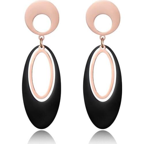 JeeMango Rose Gold Color Classic Black Geometric Double Oval Earrings Titanium Steel Earrings For Women E17066