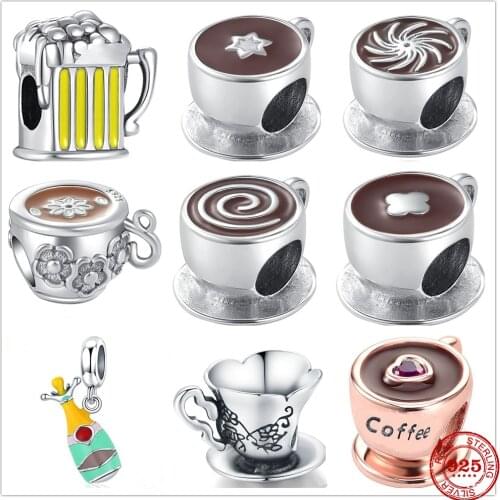New 925 Sterling Silver Champagne Coffee CupBeer Pendant Bead Charm Fit Original Pandora Bracelet For Women DIY Jewelry Gift