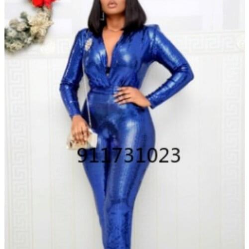 S-5XL African Women Plus Size Long Jumpsuit Summer Sexy African Long Sleeve V-neck Blue Green Jumpsuit African Clothes