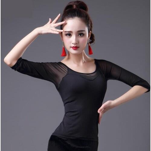 2020 Adult Black Lace Latin Dance Middle Sleeve Tops Woman Practice Dress Performance Crew Neck Latin Ballroom Dance Clothes