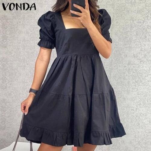 Women Short Sleeve Dress 2021 VONDA Holiday Summer Sundress Party Ruffled Square Collar A-line Mini Dress Vestidos