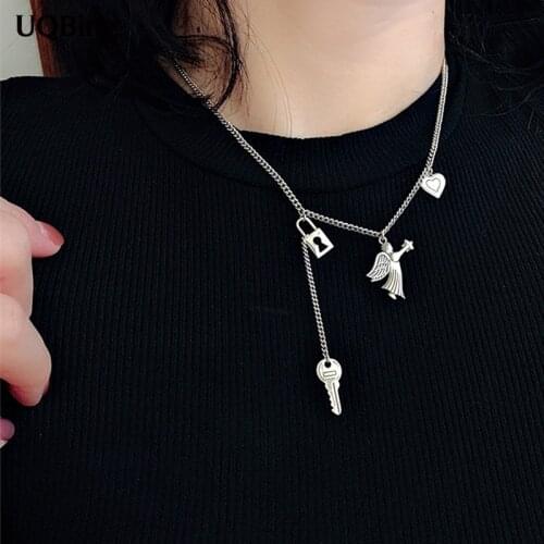 925 Sterling Silver Vintage Thai silver Angel/Lock/Key/Heart Charm Necklaces For Women Jewelry Gifts 2020