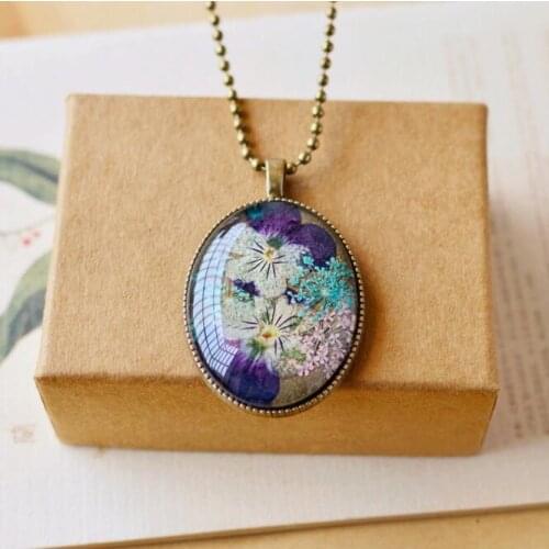 1PC Vintage Real Pansy Dried Flower Bottle Pendant Necklace Antique Bronze Handmade Dry Flower for Women Jewerly