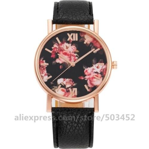 100pcs/Lot A06 Casual Flower Women Watches Female Quartz Black Dial Glass Leisure Wristwatch Leather Strap Watch Zegarek Damski
